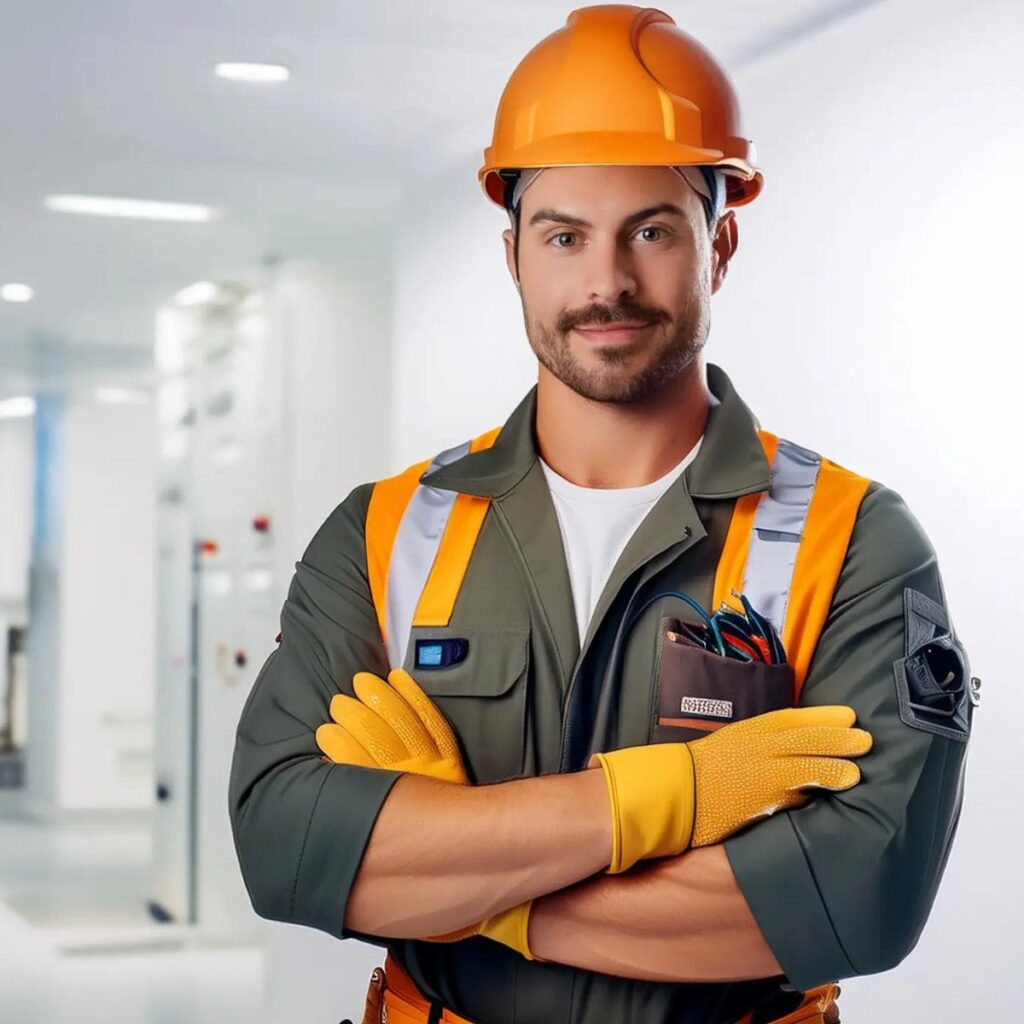 Trabajador industrial con EPIS completos en entorno laboral seguro