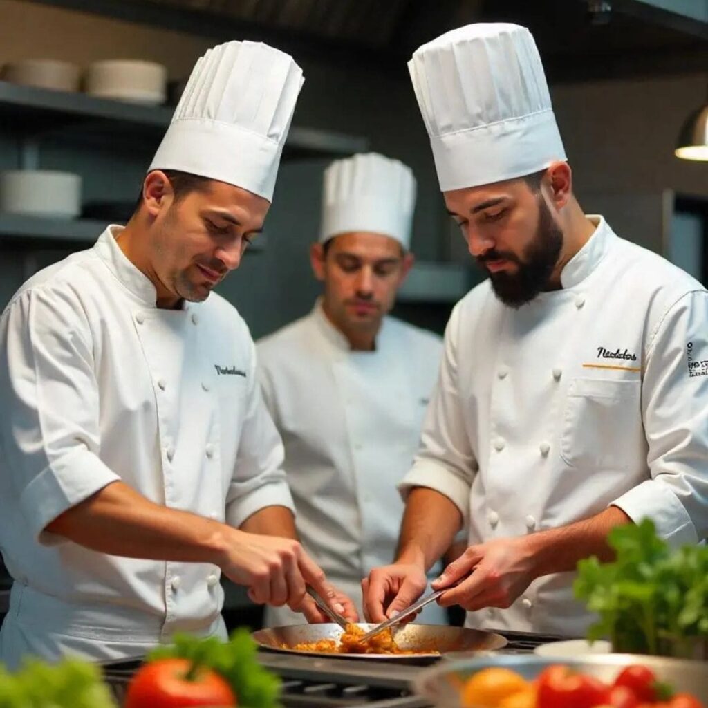 Chefs profesionales vistiendo ropa personalizada con logotipo bordado en una cocina industrial.